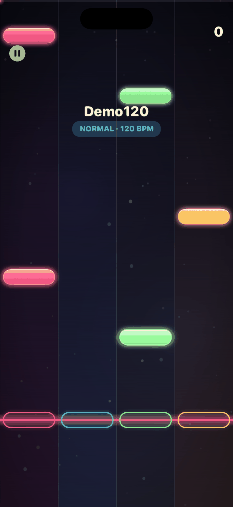 TapAlong gameplay: neon notes falling down four lanes toward a glowing judgment line while Demo120 plays on Normal difficulty